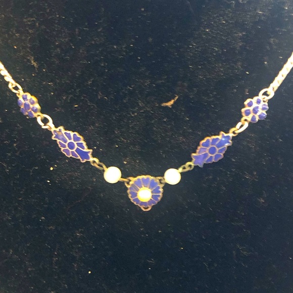 Blue Enamel Floral Necklace Vintage - Picture 2 of 4